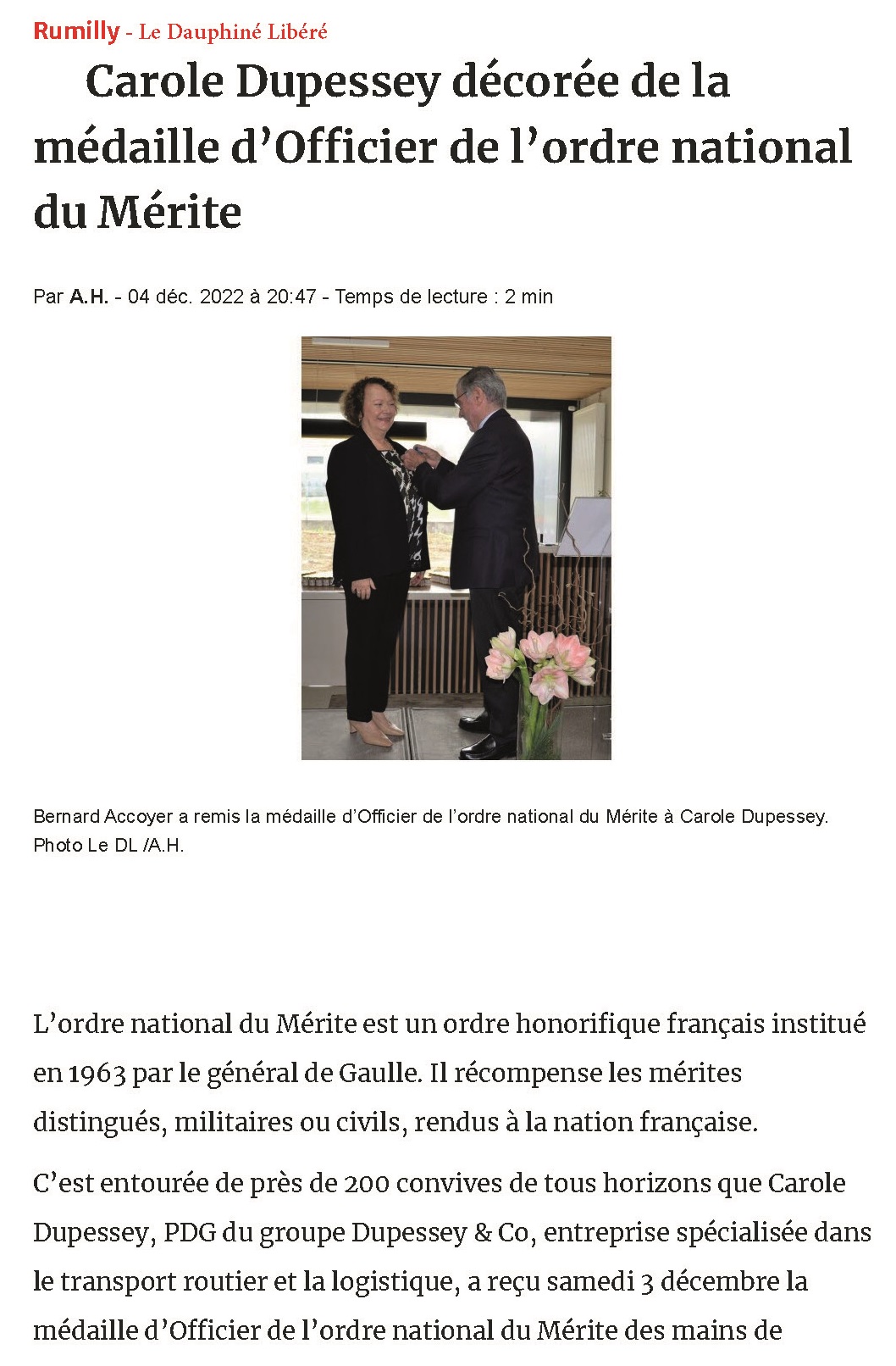 Remise de médaille de l'Ordre du Mérite - Carole Dupessey