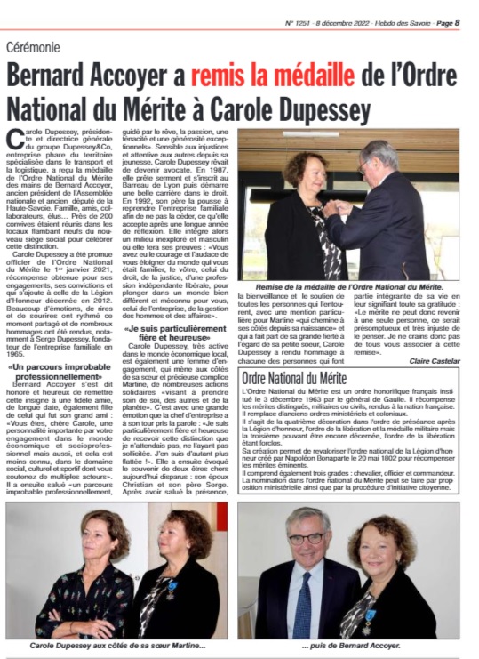 Remise de médaille de l'Ordre du Mérite - Carole Dupessey